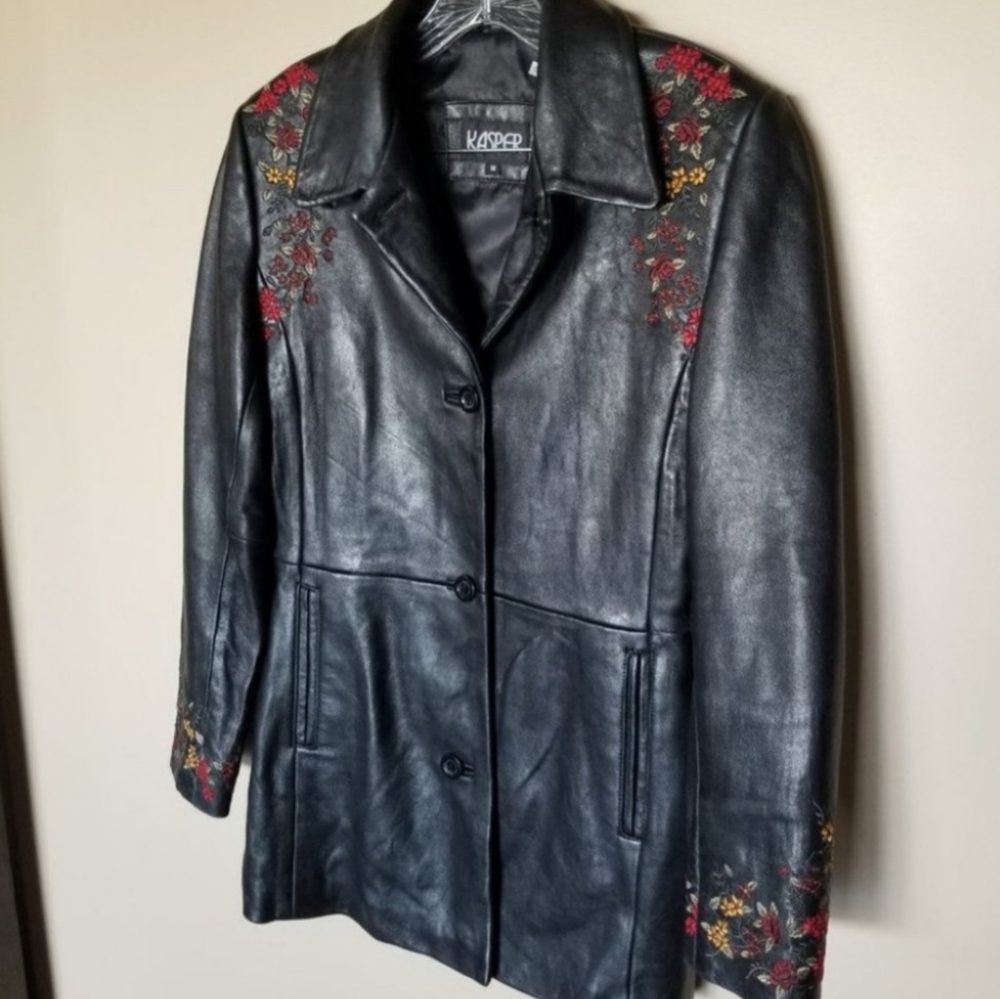 Kasper Leather Floral Embroidered Jacket Black M